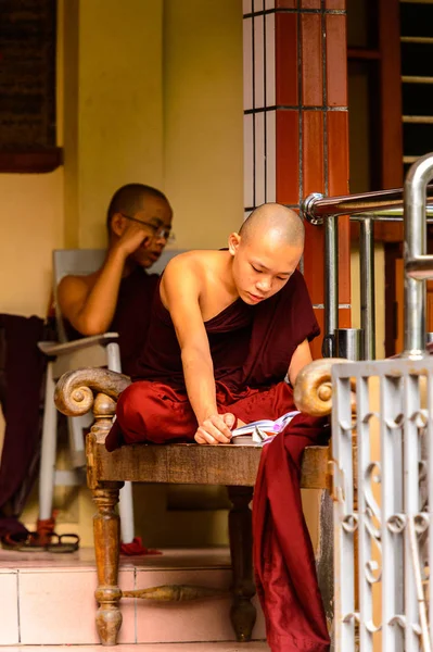 Inwa, Myanmar - 25 Ağustos 2016: Tanımlanamayan Birmanyalı Budist keşiş bir kitap okuyor. Myanma halkının yüzde 68'i Bamar etnik grubuna mensandı