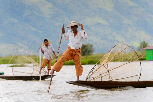 Inle Lake, Myanmar - 30 Ağustos 2016: Özel el yapımı ağı olan bir teknede tanımlanamayan Birmanyalı yerel balıkçı. Bu Myanmar balıkçılık geleneksel yoludur