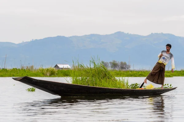 Inle Lake, Myanmar - 30 Ağustos 2016: Myanmar'ın Shan Eyaletinin Taunggyi İlçesi'nin Nyaungshwe İlçesi'nde bulunan bir tatlı su gölü olan Inle Sap'ın üzerinde bambu teknede bulunan tanımlanamayan Birmanyalı adam