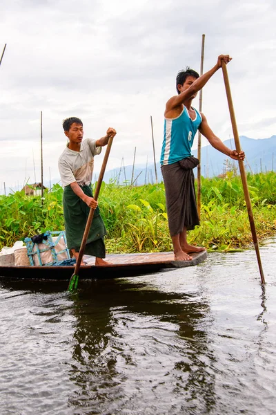 Inle Lake, Myanmar - 30 Ağustos 2016: Myanmar'ın Shan Eyaletinin Taunggyi İlçesi'nin Nyaungshwe İlçesi'nde bulunan bir tatlı su gölü olan Inle Sap'ın üzerinde bambu tekneyle seyreden tanımlanamayan Birmanyalılar