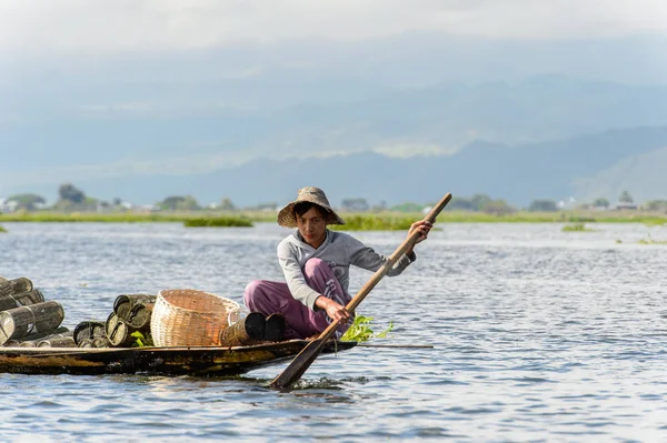 Inle Lake, Myanmar - 30 Ağustos 2016: Myanmar'ın Shan Eyaletinin Taunggyi İlçesi'nin Nyaungshwe İlçesi'nde bulunan bir tatlı su gölü olan Inle Sap'ın üzerinde bambu teknede bulunan tanımlanamayan Birmanyalı adam