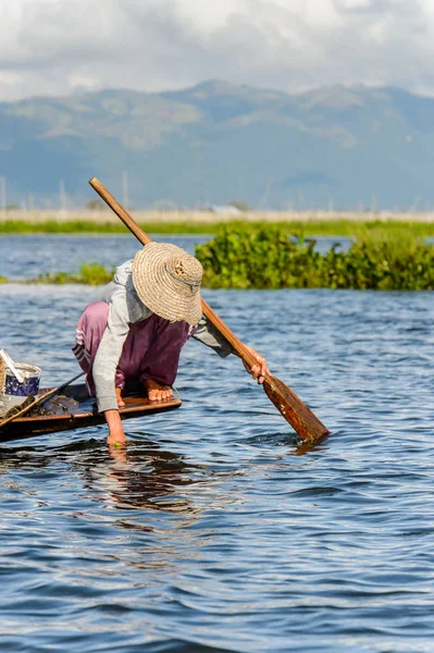 缅甸因勒湖 2016年8月30日 不明身份的缅甸男子乘坐竹船驶过位于缅甸掸邦通吉区Nyaungshwe镇的淡水湖Inle Sap — 图库照片