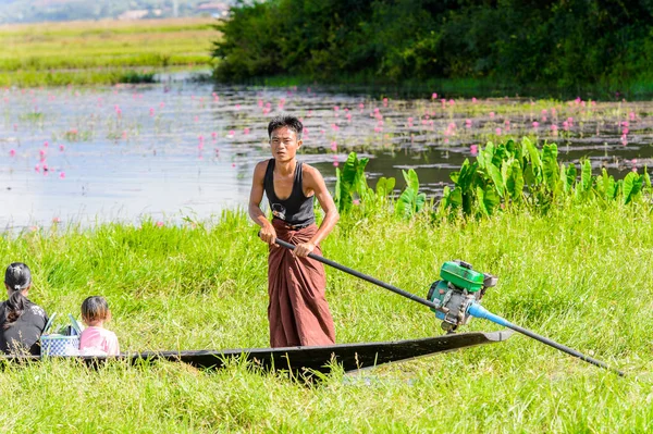 Inle Lake, Myanmar - 30 Ağustos 2016: Myanmar'ın Shan Eyaletinin Taunggyi İlçesi'nin Nyaungshwe İlçesi'nde bulunan bir tatlı su gölü olan Inle Sap'ın üzerinde bambu teknede bulunan tanımlanamayan Birmanyalı adam