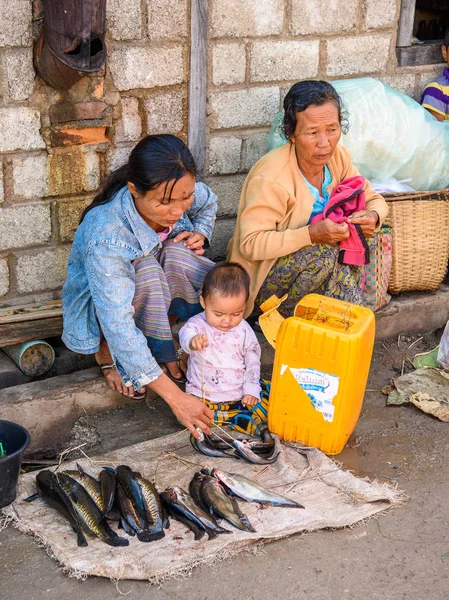 Inle Lake, Myanmar - Ağu 30, 2016: Tanımlanamayan Birmanya kadın pazar yerinde balık satıyor, Inle Sap, Shan State Taunggyi İlçesi Nyaungshwe İlçesi'nde bir tatlı su gölü, Myanmar