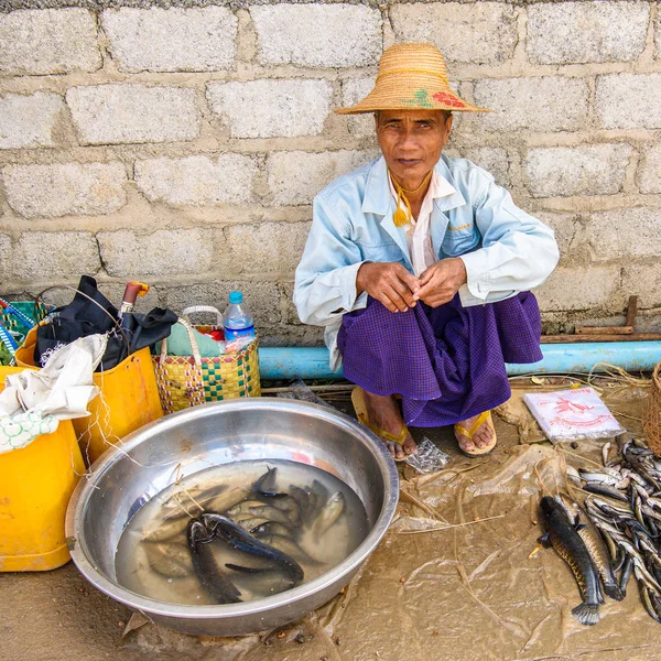 Inle Lake, Myanmar - Ağu 30, 2016: Tanımlanamayan Birmanya kadın pazar yerinde balık satıyor, Inle Sap, Shan State Taunggyi İlçesi Nyaungshwe İlçesi'nde bir tatlı su gölü, Myanmar