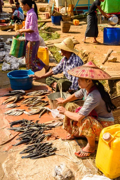 Inle Lake, Myanmar - Ağu 30, 2016: Tanımlanamayan Birmanya kadın pazar yerinde balık satıyor, Inle Sap, Shan State Taunggyi İlçesi Nyaungshwe İlçesi'nde bir tatlı su gölü, Myanmar