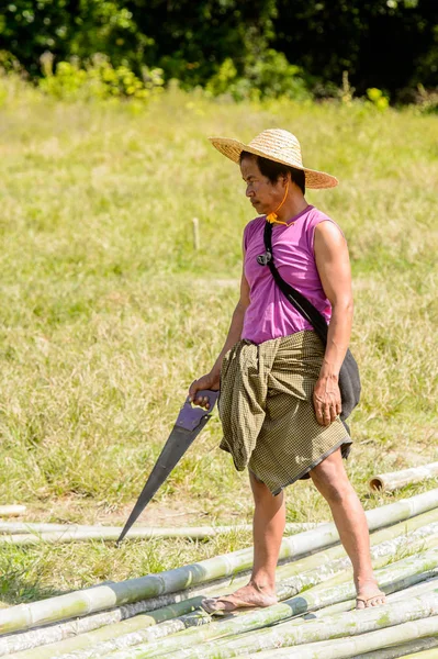 Inle Lake, Myanmar - 30 Ağustos 2016: Kimliği belirsiz Birmanyalı adam testereyle yürüyor. Myanma halkının yüzde 68'i Bamar etnik grubuna mensandı