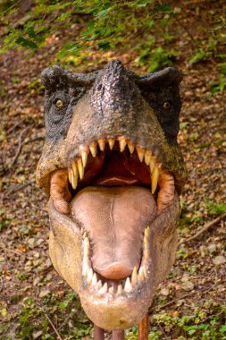 Bratislava, Slovakya - 28 Eylül 2016: Tyrannosaurus Rex, Bratislava, Slovakya'daki Dinopark'ta. Tyrannosaurus, coelurosaurian theropod dinozorcunun bir cinsine ait bir