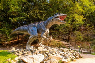 Bratislava, Slovakya - 28 Eylül 2016: Bratislava, Slovakya'nın popüler turistik yerlerinden biri olan Dinopark'taki Gigantosaurus.