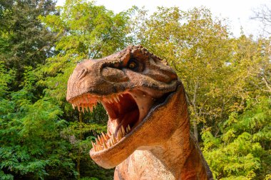 Bratislava, Slovakya - 28 Eylül 2016: Tyrannosaurus Rex, Bratislava, Slovakya'daki Dinopark'ta. Tyrannosaurus, coelurosaurian theropod dinozorcunun bir cinsine ait bir