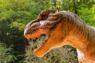 Bratislava, Slovakya - 28 Eylül 2016: Tyrannosaurus Rex, Bratislava, Slovakya'daki Dinopark'ta. Tyrannosaurus, coelurosaurian theropod dinozorcunun bir cinsine ait bir