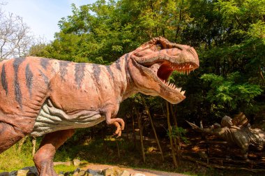 Bratislava, Slovakya - 28 Eylül 2016: Tyrannosaurus Rex, Bratislava, Slovakya'daki Dinopark'ta. Tyrannosaurus, coelurosaurian theropod dinozorcunun bir cinsine ait bir
