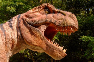 Bratislava, Slovakya - 28 Eylül 2016: Tyrannosaurus Rex, Bratislava, Slovakya'daki Dinopark'ta. Tyrannosaurus, coelurosaurian theropod dinozorcunun bir cinsine ait bir