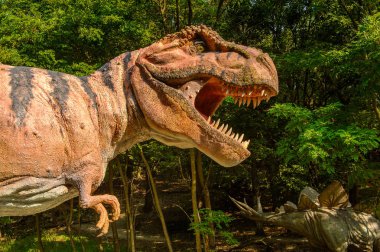 Bratislava, Slovakya - 28 Eylül 2016: Tyrannosaurus Rex, Bratislava, Slovakya'daki Dinopark'ta. Tyrannosaurus, coelurosaurian theropod dinozorcunun bir cinsine ait bir