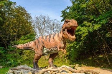 Bratislava, Slovakya - 28 Eylül 2016: Tyrannosaurus Rex, Bratislava, Slovakya'daki Dinopark'ta. Tyrannosaurus, coelurosaurian theropod dinozorcunun bir cinsine ait bir