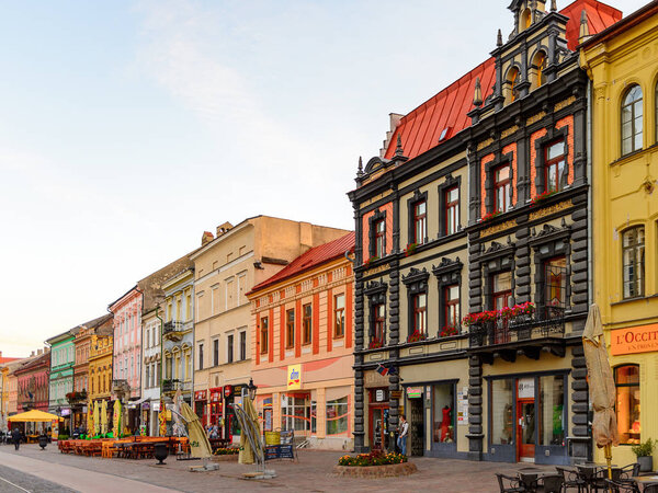 KOSICE, SLOVAKIA - SEP 25, 2016: Colorful architecture of the main street of Kosice, the biggest city in eastern Slovakia. It was the European Capital of Culture in 2013