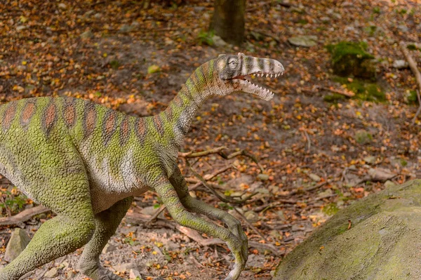 Bratislava, Slovakya - 28 Eylül 2016: Bratislava, Slovakya'nın popüler turistik yerlerinden biri olan Dinopark'ta Velociraptor.
