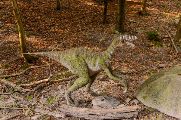 Bratislava, Slovakya - 28 Eylül 2016: Bratislava, Slovakya'nın popüler turistik yerlerinden biri olan Dinopark'ta Velociraptor.