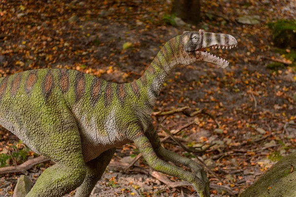 Bratislava, Slovakya - 28 Eylül 2016: Bratislava, Slovakya'nın popüler turistik yerlerinden biri olan Dinopark'ta Velociraptor.