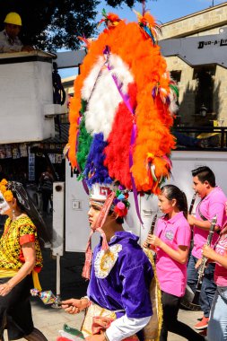 Oaxaca, Meksika - Eki 31, 2016: Tanımlanamayan çocuk Ölüler Günü (Dia de los Muertos), ulusal Meksika tatil, Unesco Somut Olmayan Kültürel Miras İnsanlık için dekore Meksika bayrağı taşır