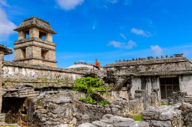 Palenque, Meksika - 3 Kasım 2016: Mesoamerica'nın Kolomb öncesi Maya uygarlığı Palenque Sarayı'nın tepesinde tanımlanamayan turist. Lakamha (Büyük Su) olarak bilinir. Unesco Dünya Mirası