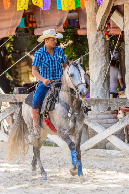 Xcaret, Meksika - 7 Kasım 2016: Kimliği belirsiz kovboy, Meksika'nın Xcaret parkında ata biniyor