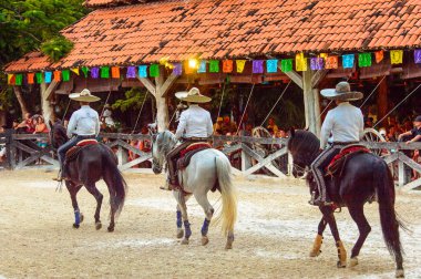 Xcaret, Meksika - 7 Kasım 2016: Kimliği belirsiz kovboy, Meksika'nın Xcaret parkında ata biniyor
