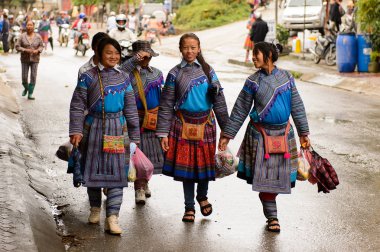 Bac Ha, Vietnam - 21 Eylül 2014: Güzel renkli azınlık kostümleri giyen insanlarla büyük bir Pazar pazarı ile ünlü Bac Ha kasabasında tradtional elbiseler tanımlanamayan Vietnamlı kadın
