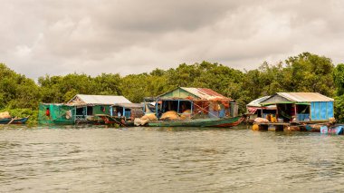 Lake Tonle Sap, Combodia - 28 Eylül 2014: Tonle Sap Gölü'ndeki Chong Knies Köyü'nün doğası ve evleri, Güneydoğu Asya'nın en büyük tatlı su gölü, 1997'den beri Unesco biyosferi
