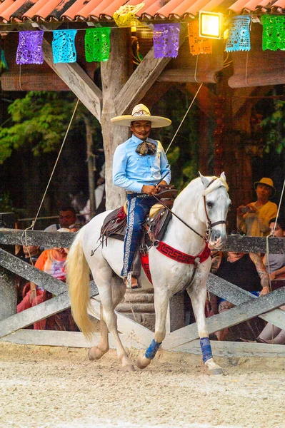 Xcaret Mexiko 2016 Unbekannter Mexikanischer Cowboy Reitet Auf Pferd Und — Stockfoto