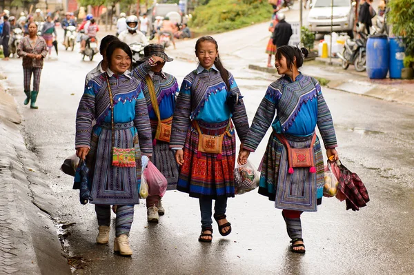 Bac Ha, Vietnam - 21 Eylül 2014: Güzel renkli azınlık kostümleri giyen insanlarla büyük bir Pazar pazarı ile ünlü Bac Ha kasabasında tradtional elbiseler tanımlanamayan Vietnamlı kadın