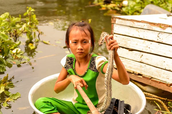 Lake Tonle Sap, Combodia - 28 Eylül 2014: Tanımlanamayan Vietnamlı kız, Güneydoğu Asya'nın en büyük tatlı su gölü olan Tonle Sap Gölü'nde leğen kemiğinde bir yılanla yelken açar.