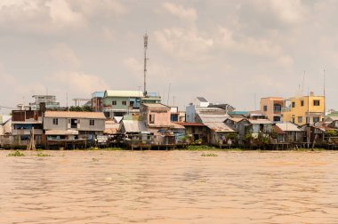 Tien Giang, Vietnam - 5 Ekim 2014: Güney Vietnam'daki Mekong nehri kıyısı. Mekong 12 en uzun nehir ve akar yalak Çin, Burma, Laos, Tayland, Kamboçya, Vietnam