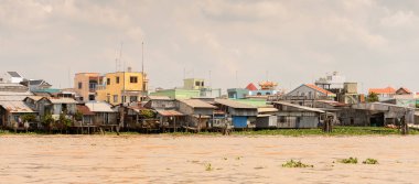 Tien Giang, Vietnam - 5 Ekim 2014: Güney Vietnam'daki Mekong nehri kıyısı. Mekong 12 en uzun nehir ve akar yalak Çin, Burma, Laos, Tayland, Kamboçya, Vietnam