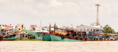 Tien Giang, Vietnam - 5 Ekim 2014: Güney Vietnam'daki Mekong nehri kıyısı. Mekong 12 en uzun nehir ve akar yalak Çin, Burma, Laos, Tayland, Kamboçya, Vietnam