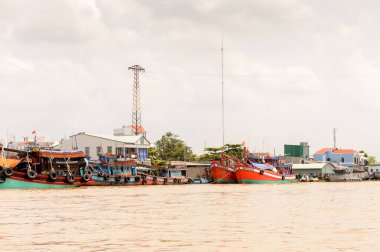 Tien Giang, Vietnam - 5 Ekim 2014: Güney Vietnam'daki Mekong nehri kıyısı. Mekong 12 en uzun nehir ve akar yalak Çin, Burma, Laos, Tayland, Kamboçya, Vietnam