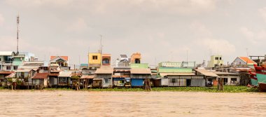 Tien Giang, Vietnam - 5 Ekim 2014: Güney Vietnam'daki Mekong nehri kıyısı. Mekong 12 en uzun nehir ve akar yalak Çin, Burma, Laos, Tayland, Kamboçya, Vietnam