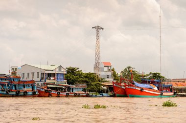 Tien Giang, Vietnam - 5 Ekim 2014: Güney Vietnam'daki Mekong nehri kıyısı. Mekong 12 en uzun nehir ve akar yalak Çin, Burma, Laos, Tayland, Kamboçya, Vietnam