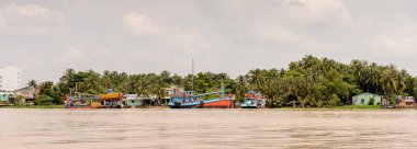 Tien Giang, Vietnam - 5 Ekim 2014: Güney Vietnam'da Mekong nehri. Mekong 12 en uzun nehir ve akar yalak Çin, Burma, Laos, Tayland, Kamboçya, Vietnam