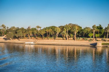 Luxor, Mısır - 30 Kasım 2014: Luxor yakınlarındaki Nil Nehri'nin kıyı şeridi. Nil 6.853 km uzunluğundadır. Nil, on bir ülke tarafından paylaşılan 