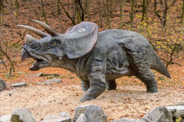 Bratislava, Slovakya - 18 Ekim 2015: Bratislava Dinopark Triceratops, Slovakya. Triceratops, otobur ceratopsid dinozorcunun bir cinsine sahip