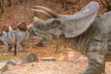 Bratislava, Slovakya - 18 Ekim 2015: Bratislava Dinopark Triceratops, Slovakya. Triceratops, otobur ceratopsid dinozorcunun bir cinsine sahip