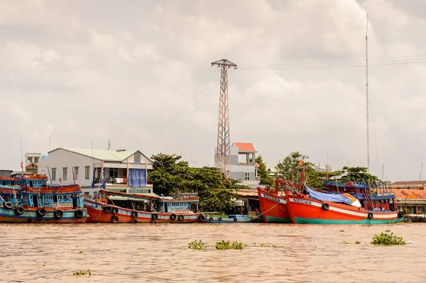 Tien Giang, Vietnam - 5 Ekim 2014: Güney Vietnam'daki Mekong nehri kıyısı. Mekong 12 en uzun nehir ve akar yalak Çin, Burma, Laos, Tayland, Kamboçya, Vietnam