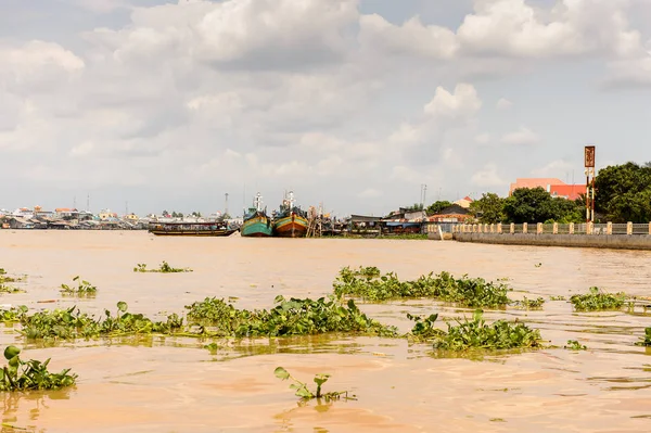 Tien Giang Eyaleti, Vietnam - 5 Ekim 2014: Güney Vietnam'da Mekong nehri üzerinde tekneler. Mekong 12 en uzun nehir ve akar yalak Çin, Burma, Laos, Tayland, Kamboçya, Vietnam