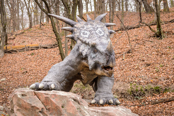 BRATISLAVA, SLOVAKIA - OCT 18, 2015: Styrakosaurus in DinoPark in Bratislava, Slovakia. One f the popular attections in Bratislava, Slovakia.