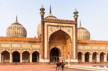 Delhi, Hindistan - 18 Ocak 2016: Jama Mescidi, Delhi'nin eski kenti, Hindistan. Delhi'deki ana camidir.
