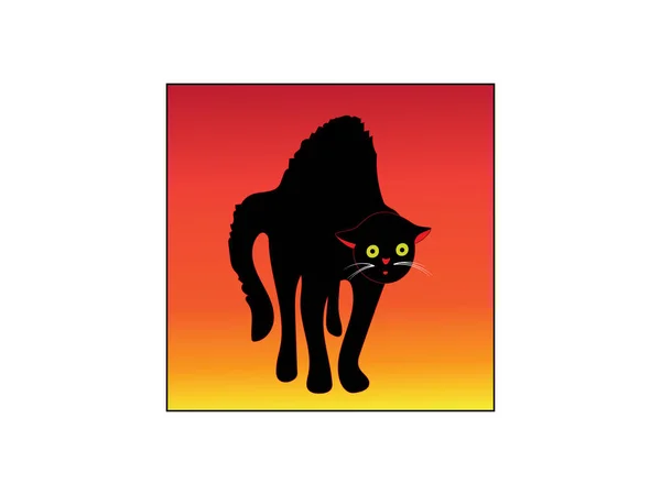 夕暮れのグラデーションの背景に黄色の目を持つおびえた黒い外枠が赤い猫のベクトル イラスト — ストックベクタ