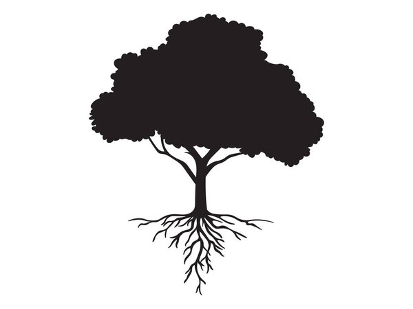 Hand drawn black icon of an isolated tree with roots. Element for decoration, emblems, logo