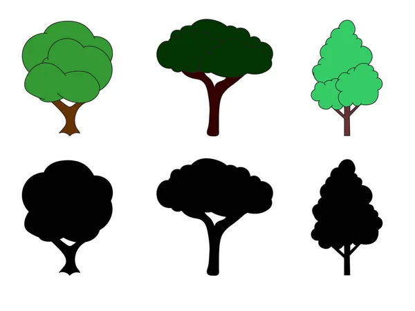 Handgezeichnetes Set Farbiger Flacher Baumsymbole Und Einer Silhouette Von Bäumen — Stockvektor