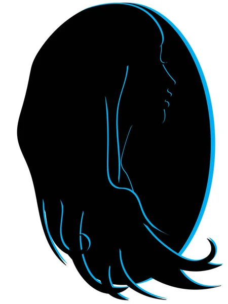 Černá Světle Modrá Žena Silueta Dlouhé Špinavé Vlasy Černý Oválný — Stockový vektor